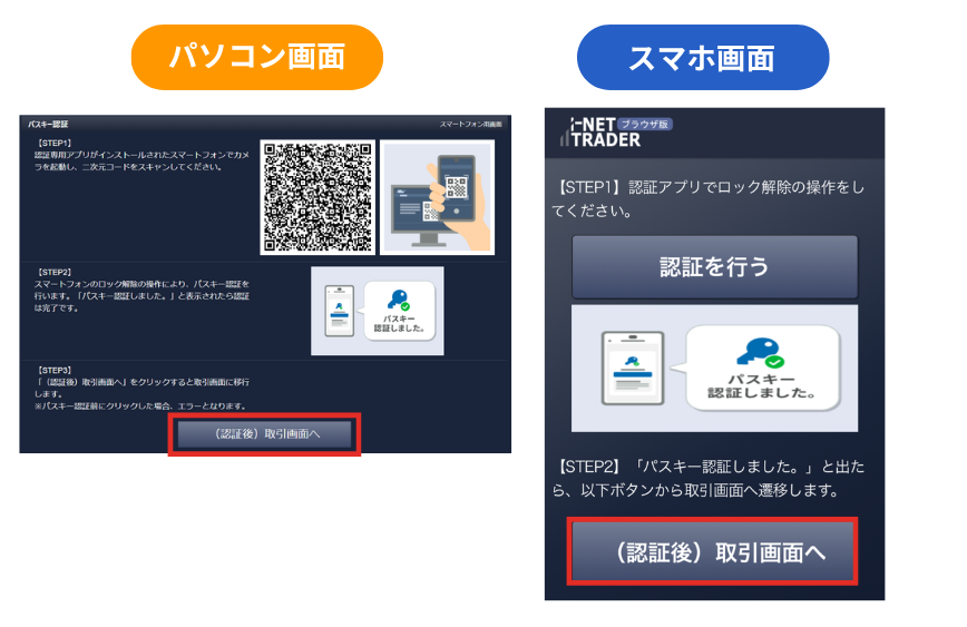 パソコン画面とスマホ画面の（認証後）取引画面へ