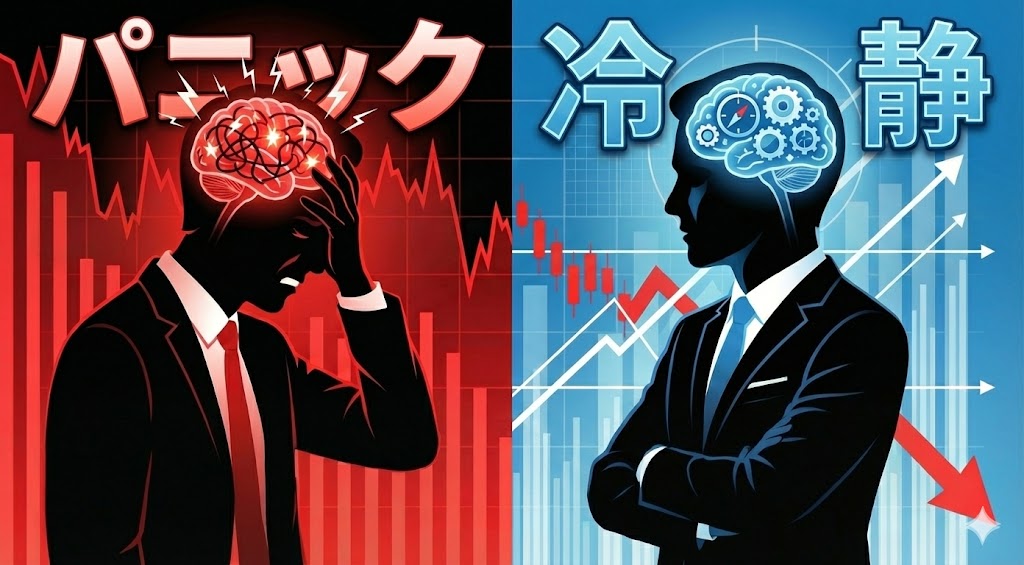 暴落時にパニックになるのはなぜ?パニックか冷静かのイメージ表紙