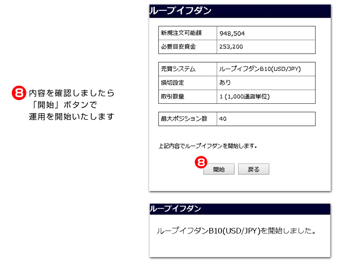 4.内容を確認して「開始」ボタンをクリックして運用スタートです。